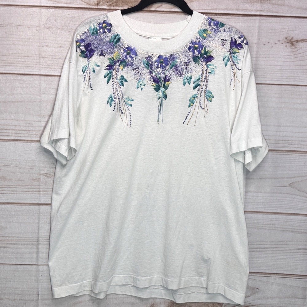 Vintage Fruit of the Loom Best Floral Hand Painted T-Shirt White XL 90s Art Tee